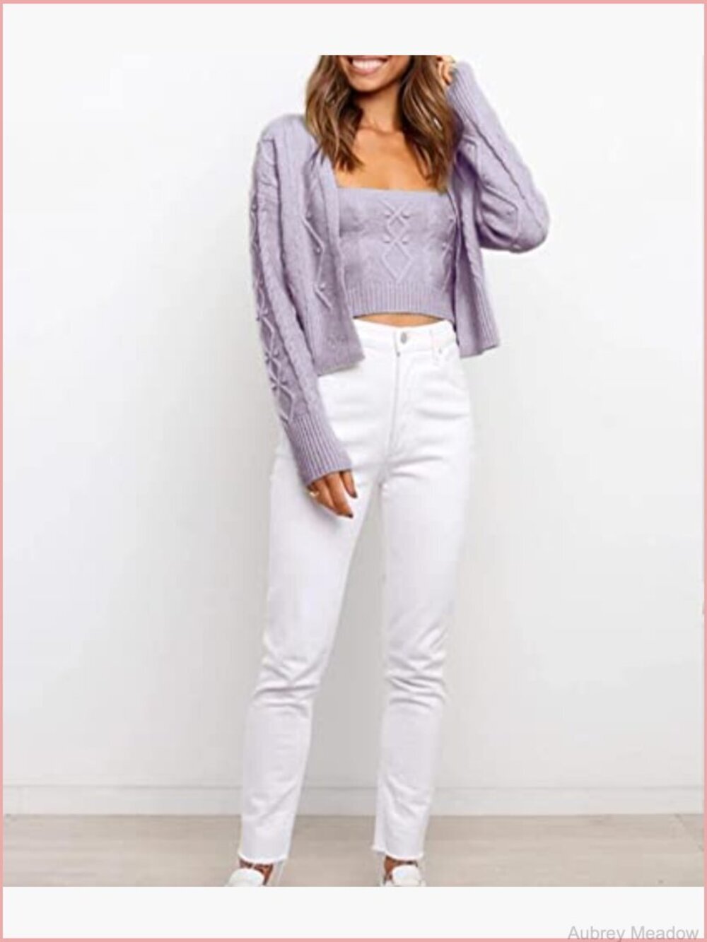 Women's 2-Piece Cropped Tank & Cardigan Sweater Set Cable Knit - Picture 5 of 6